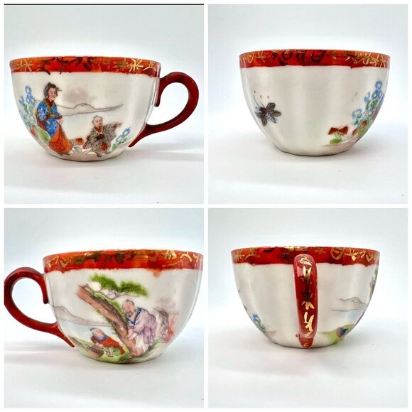 Antique Japanese Kutani Porcelain Teacup & Saucer Set Hand-Painted - Picture 8 of 11